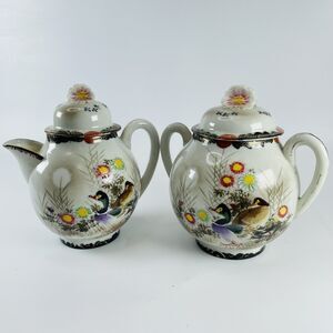 VTG Japanese Kutani Porcelain Cream Sugar Bowl Set Hand Painted Ducks Flowers
